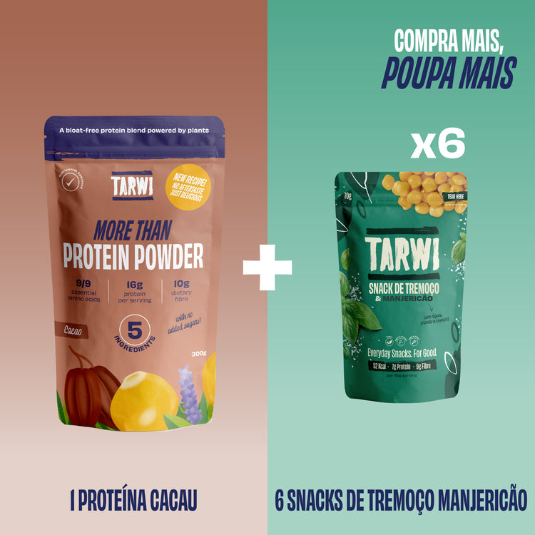 Proteína Vegetal Cacau Tarwi + Snacks de Tremoço Manjericão Tarwi