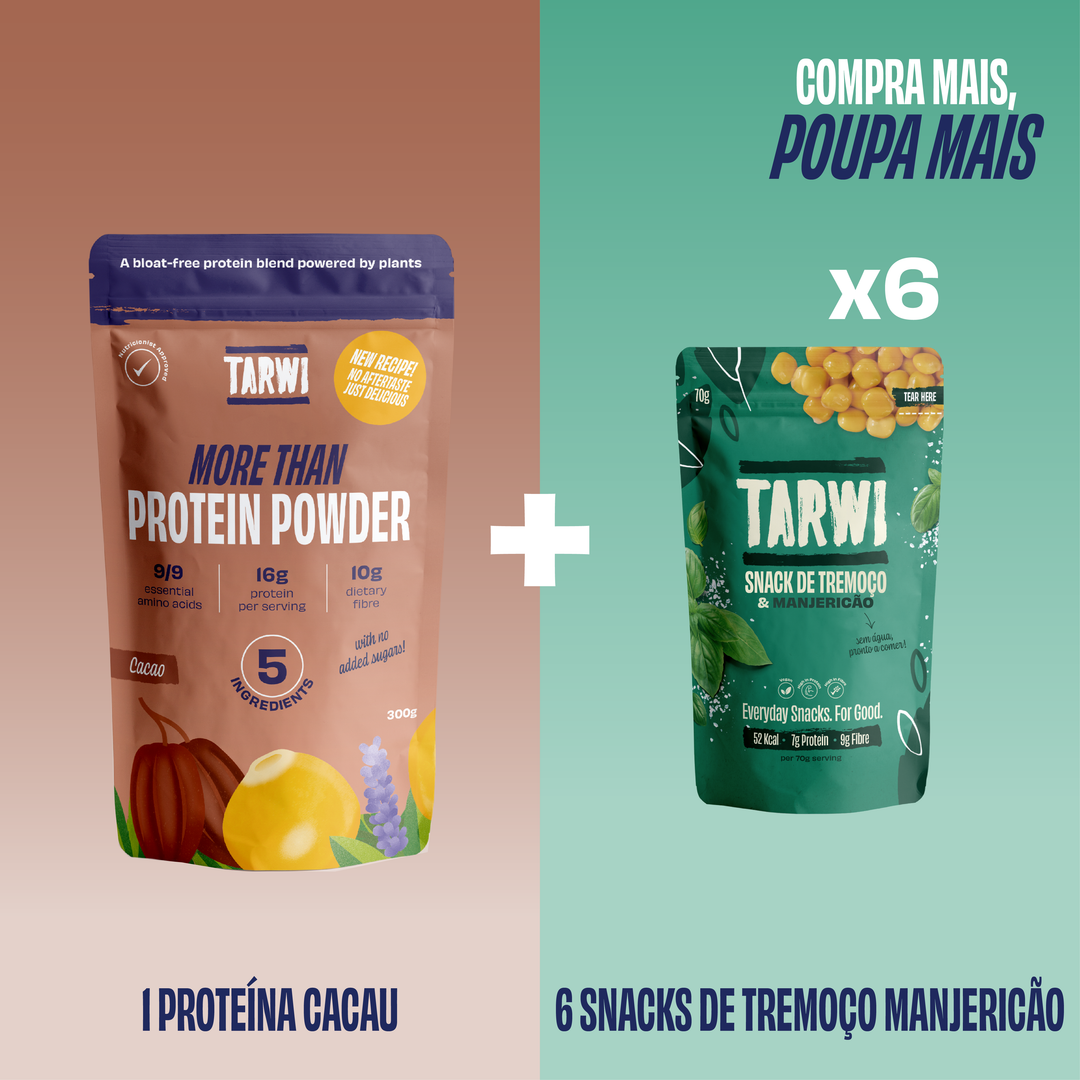 Proteína Vegetal Cacau Tarwi + Snacks de Tremoço Manjericão Tarwi
